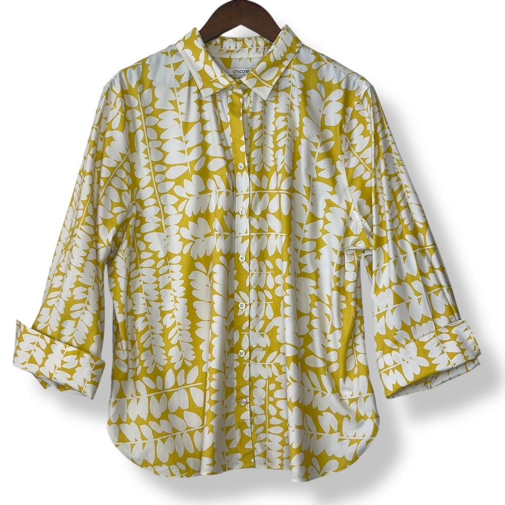 Chico's 4 US 20 XXL Button Up Shirt Blouse Yellow White Leaf Cotton Stretch Plus